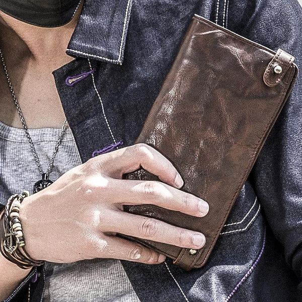Genuine Leather Mens Cool Long Leather Wallet Bifold Clutch Wallet for Men - imessengerbags