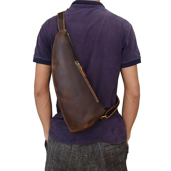 Handmade Leather Mens Cool Chest Bag Sling Bag Crossbody Bag Travel Bag Hiking Bag for men - imessengerbags