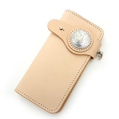 Handmade Beige Long Biker Wallets with Chain Cool Mens Leather Biker Chain Wallet