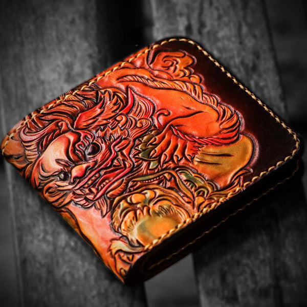 Handmade Leather Chinese Lion Tooled Mens billfold Wallet Cool Leather Wallet Slim Wallet for Men - imessengerbags