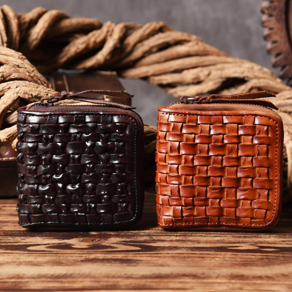Handmade Leather Mens Cool Wallet Men Braided Wallets Zipper Wallet for Men - imessengerbags