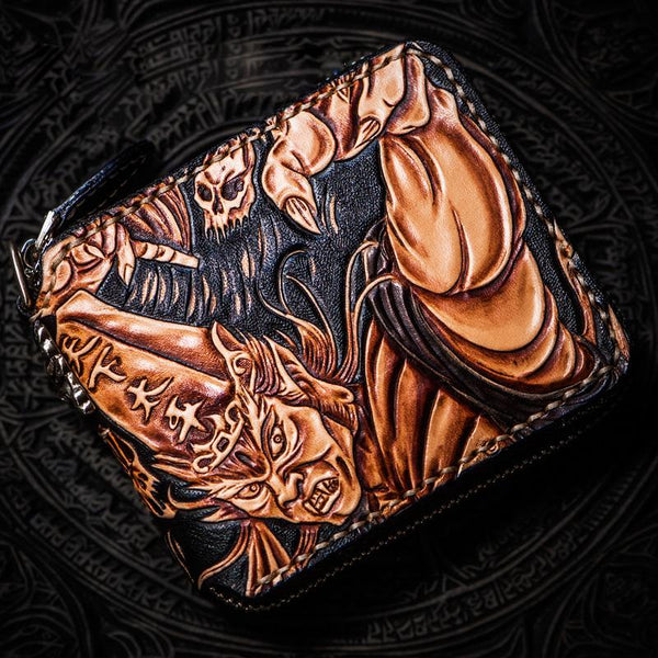 Handmade Leather Chinese Black&White Tooled Mens billfold Wallet Cool Leather Wallet Slim Wallet for Men - imessengerbags