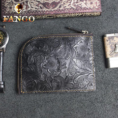 Handmade Leather Floral Mens Front Pocket Wallet Cool Slim Leather Wallet Men billfold Wallets Bifold for Men - imessengerbags