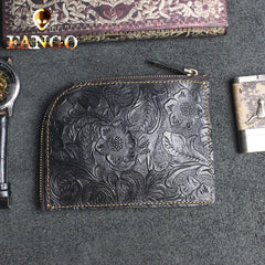 Handmade Leather Floral Mens Front Pocket Wallet Cool Slim Leather Wallet Men billfold Wallets Bifold for Men - imessengerbags