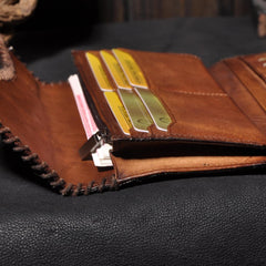 Handmade Leather Mens Cool Long Leather Wallet Trifold Clutch Wallet for Men