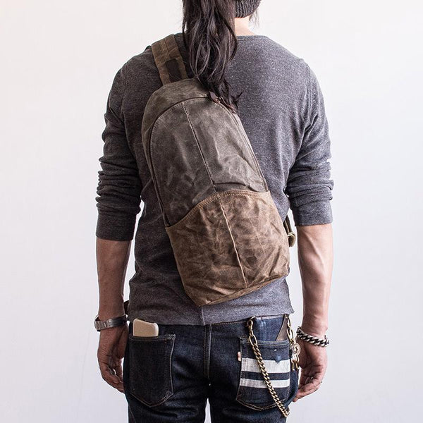 Canvas Leather Mens Cool Chest Bag Sling Bag Crossbody Bag Travel Bag Hiking Bag for men - imessengerbags