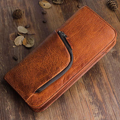 Handmade Leather Mens Cool Long Leather Wallet Zipper Phone Clutch Wallet