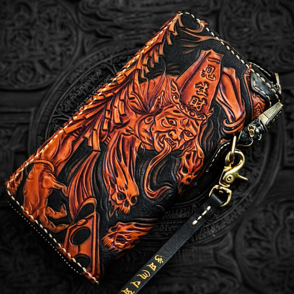 Handmade Leather Tooled Black and White Mens Chain Biker Wallet Cool Leather Wallet Long Phone Wallets for Men - imessengerbags