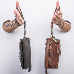 Handmade Mens Cool Long Leather Chain Wallet Cards Biker Trucker Wristlet Wallet - imessengerbags