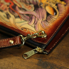 Handmade Leather Tooled Mens Cool Long Leather iPad Bag Wristlet Clutch Wallet for Men - imessengerbags