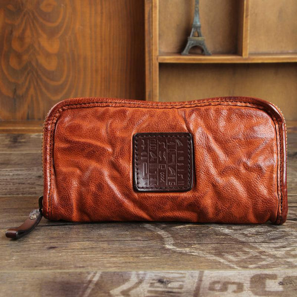 Handmade Genuine Leather Mens Cool Long Leather Wallet Zipper Clutch Wristlet Wallet for Men - imessengerbags