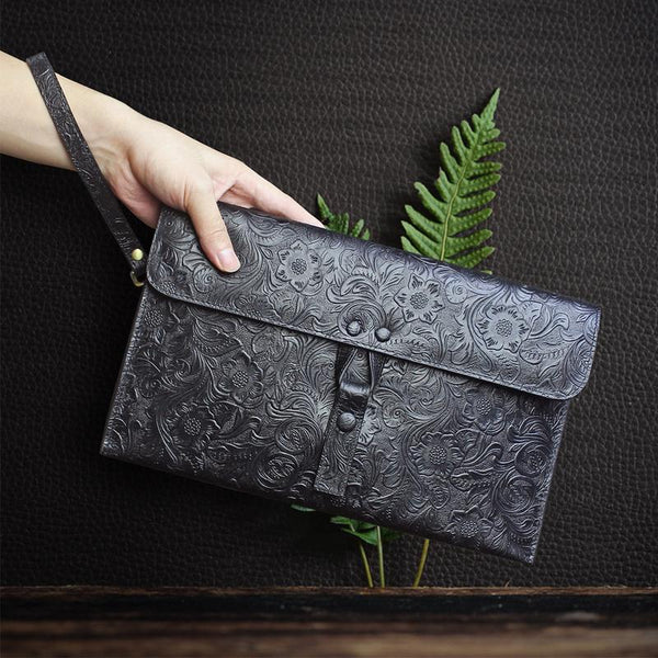 Handmade Leather Floral Tooled Mens Clutch Cool Slim Wallet Zipper Clutch Wristlet Wallet for Men - imessengerbags