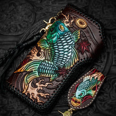 Handmade Leather Tooled Carp Mens Chain Biker Wallet Cool Leather Wallet Long Phone Wallets for Men