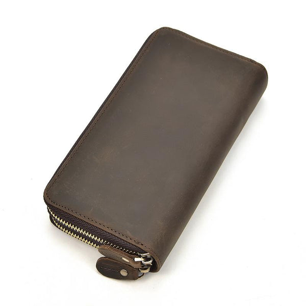 Handmade Leather Mens Cool Long Leather Wallet Zipper Wristlet Bag Clutch Wallet for Men - imessengerbags