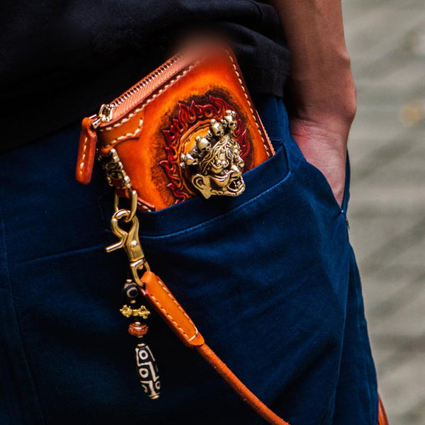 Handmade Leather Tooled Tibetan Mens Chain Biker Wallet Cool Leather Wallet Long Clutch Wallets for Men - imessengerbags