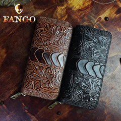 Handmade Leather Floral Mens Cool Zipper Phone Travel Long Wallet Card Holder Card Slim Clutch Wallets for Men - imessengerbags