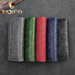 Handmade Leather Floral Mens Cool Travel Long Wallet Card Holder Card Trifold Clutch Wallets for Men - imessengerbags