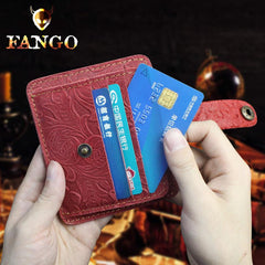 Handmade Leather Floral Mens Cool Front Pocket Wallet Short Wallet Card Holder Small Card Slim Wallets for Men