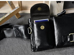 Black Leather Fanny Pack Mens Waist Bag Hip Pack Belt Bag for Men