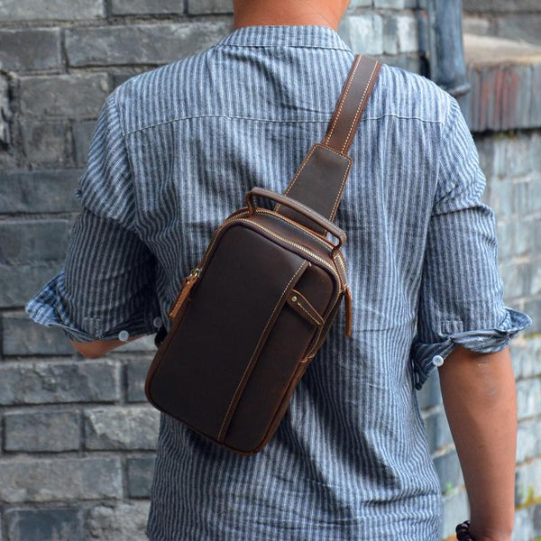 Handmade Leather Mens Cool Chest Bag Sling Bag Crossbody Bag Travel Bag Hiking Bag for men