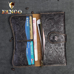 Handmade Leather Floral Mens Cool Travel Long Wallet Card Holder Card Slim Clutch Wallets for Men - imessengerbags