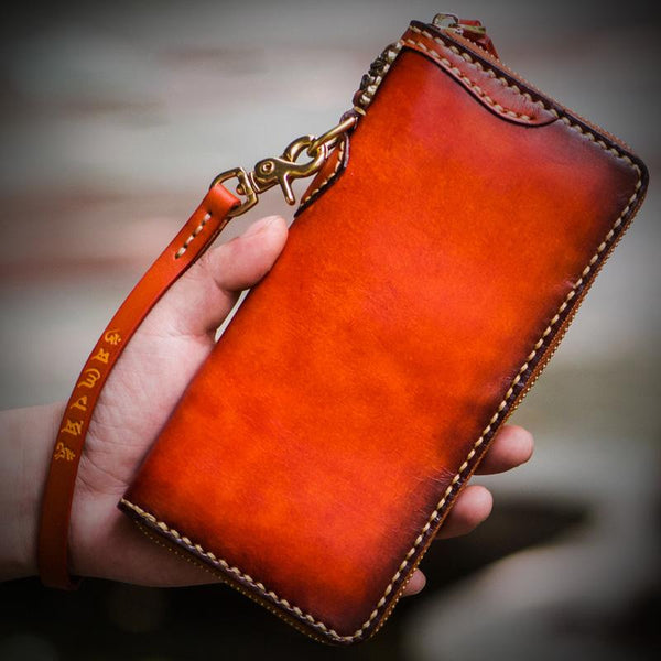 Handmade Leather Mens Chain Biker Wallet Cool Leather Wallet Long Clutch Wallets for Men - imessengerbags