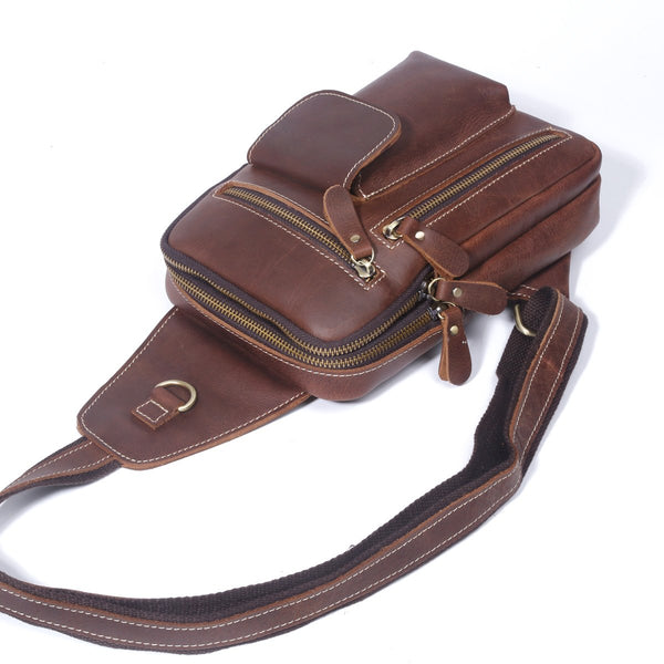 Genuine Leather Mens Cool Chest Bag Sling Bag Crossbody Bag Travel Bag Hiking Bag for men