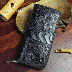 Handmade Leather Floral Mens Cool Zipper Phone Travel Long Wallet Card Holder Card Slim Clutch Wallets for Men - imessengerbags