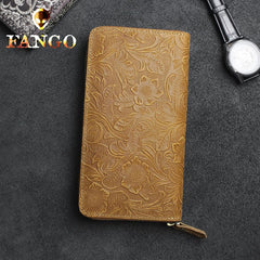 Handmade Leather Floral Mens Cool Travel Long Wallet Card Holder Card Slim Clutch Wallets for Men - imessengerbags