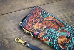 Handmade Leather Carp Mens Chain Biker Wallet Cool Leather Wallet Long Phone Wallets for Men