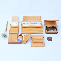 Handmade Wooden Brown Leather Mens Wallet Small Card Holder Coin Wallet for Men - imessengerbags