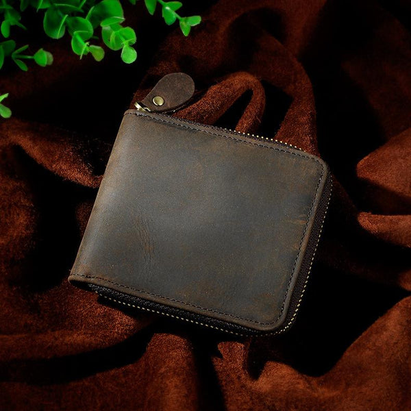 Handmade Leather Mens Cool Zipper Leather Wallet Card Wallet Men Small Wallets Bifold for Men - imessengerbags