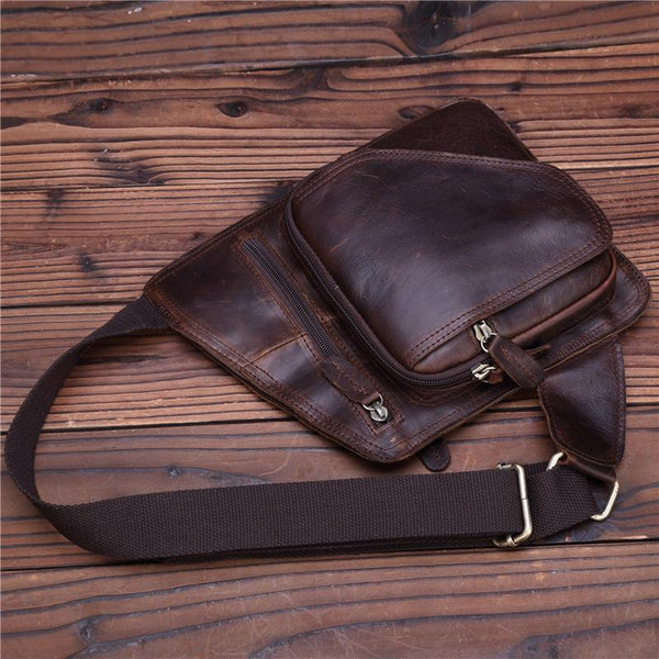 Genuine Leather Mens Cool Chest Bag Sling Bag Crossbody Bag Travel Bag Hiking Bag for men