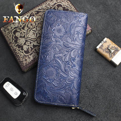 Handmade Leather Floral Mens Cool Travel Long Wallet Card Holder Card Slim Clutch Wallets for Men - imessengerbags