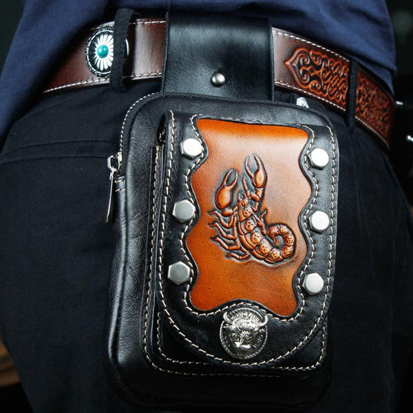 Cool Leather Mens Engraved Scorpion Biker Belt Pouch Waist Bag Drop Leg Bag for Men - imessengerbags