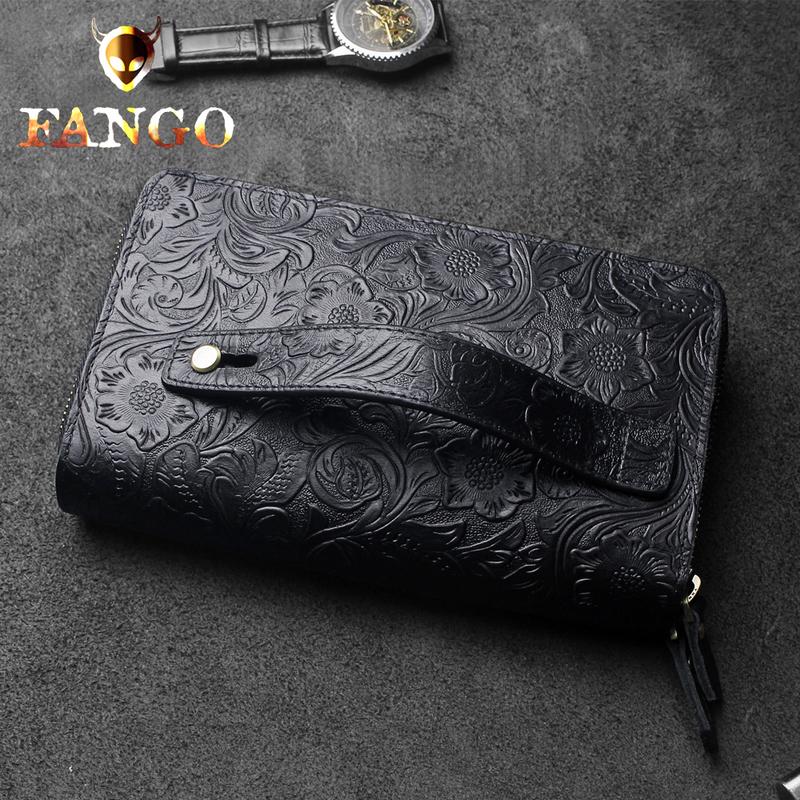 Handmade Leather Floral Tooled Mens Clutch Cool Slim Wallet Zipper Clutch Wristlet Wallet for Men
