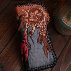 Handmade Mens Cool Tooled Zhong Kui demon Leather Chain Wallet Biker Trucker Wallet with Chain