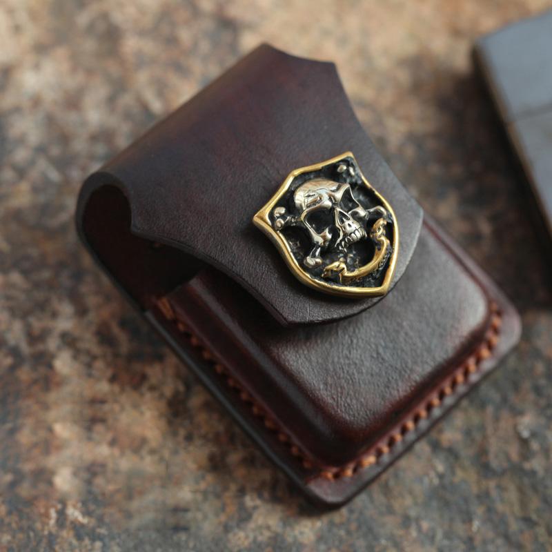 Cool Mens Leather Skull Zippo Lighter Cases with Loop Zippo lighter Holder with clips