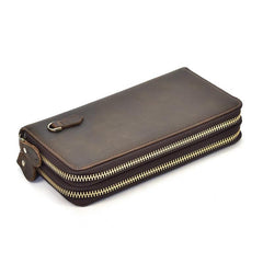 Handmade Leather Mens Cool Long Leather Wallet Zipper Wristlet Bag Clutch Wallet for Men - imessengerbags