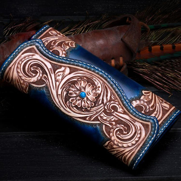 Handmade Leather Mens Tooled Floral Clutch Wallet Cool Wallet Long Wallets for Men Women - imessengerbags