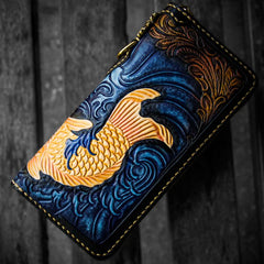 Handmade Leather Men Tooled Carp Cool Leather Wallet Long Phone Wallets for Men - imessengerbags