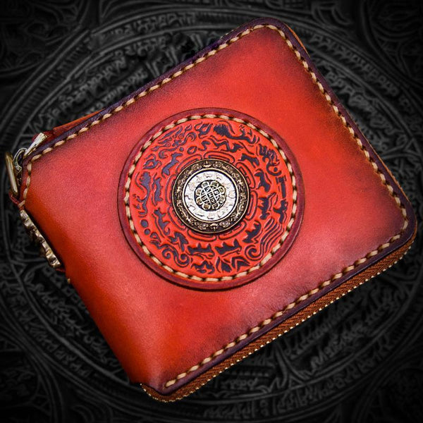 Handmade Leather Small Tibetan Tooled Mens billfold Wallet Cool Chain Wallet Biker Wallet for Men - imessengerbags
