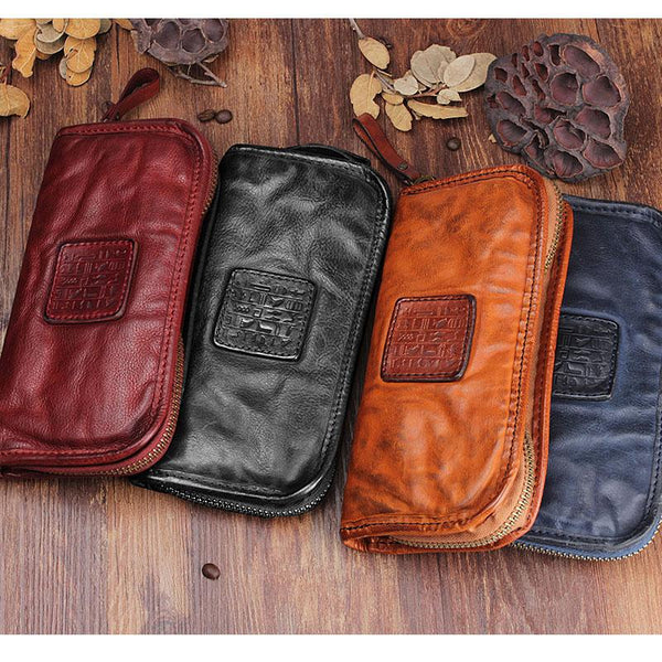 Handmade Leather Mens Cool Long Leather Wallet Zipper Clutch Wallet for Men - imessengerbags