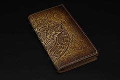 Handmade Leather Tooled Xiuhpohualli Calendar Mens Long Wallet Cool Leather Wallet Clutch Wallet for Men - imessengerbags