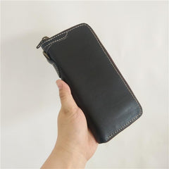 [On Sale] Handmade Mens Long Biker Wallets with Chain Cool Zipper Leather Biker Chain Wallet