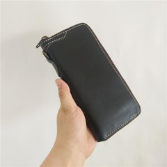 [On Sale] Handmade Mens Long Biker Wallets with Chains Cool Zipper Leather Biker Chain Wallet