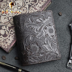 Handmade Leather Floral Mens Cool Slim Leather Wallet Men billfold Wallets Bifold for Men - imessengerbags