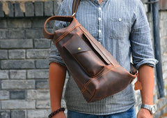 Genuine Leather Mens Cool Chest Bag Sling Bag Crossbody Bag Travel Bag Hiking Bag for men