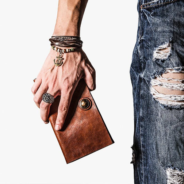 Handmade Leather Mens Cool Long Leather Wallet Bifold Clutch Wallet for Men - imessengerbags