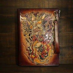 Handmade Leather Tooled Mens Cool Long Leather iPad Bag Wristlet Clutch Wallet for Men - imessengerbags